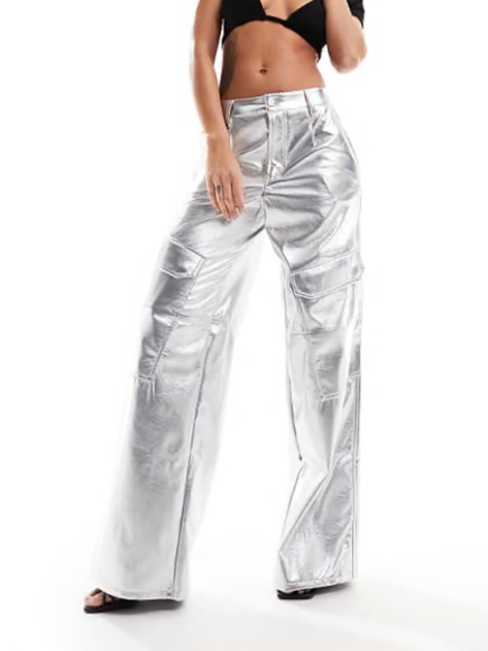 AFRM Metallic Silver Wide-Leg Cargo pants